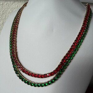 Set of 2 Vintage Rhinestone Line Tennis Necklaces - Ruby Red & Emerald Green